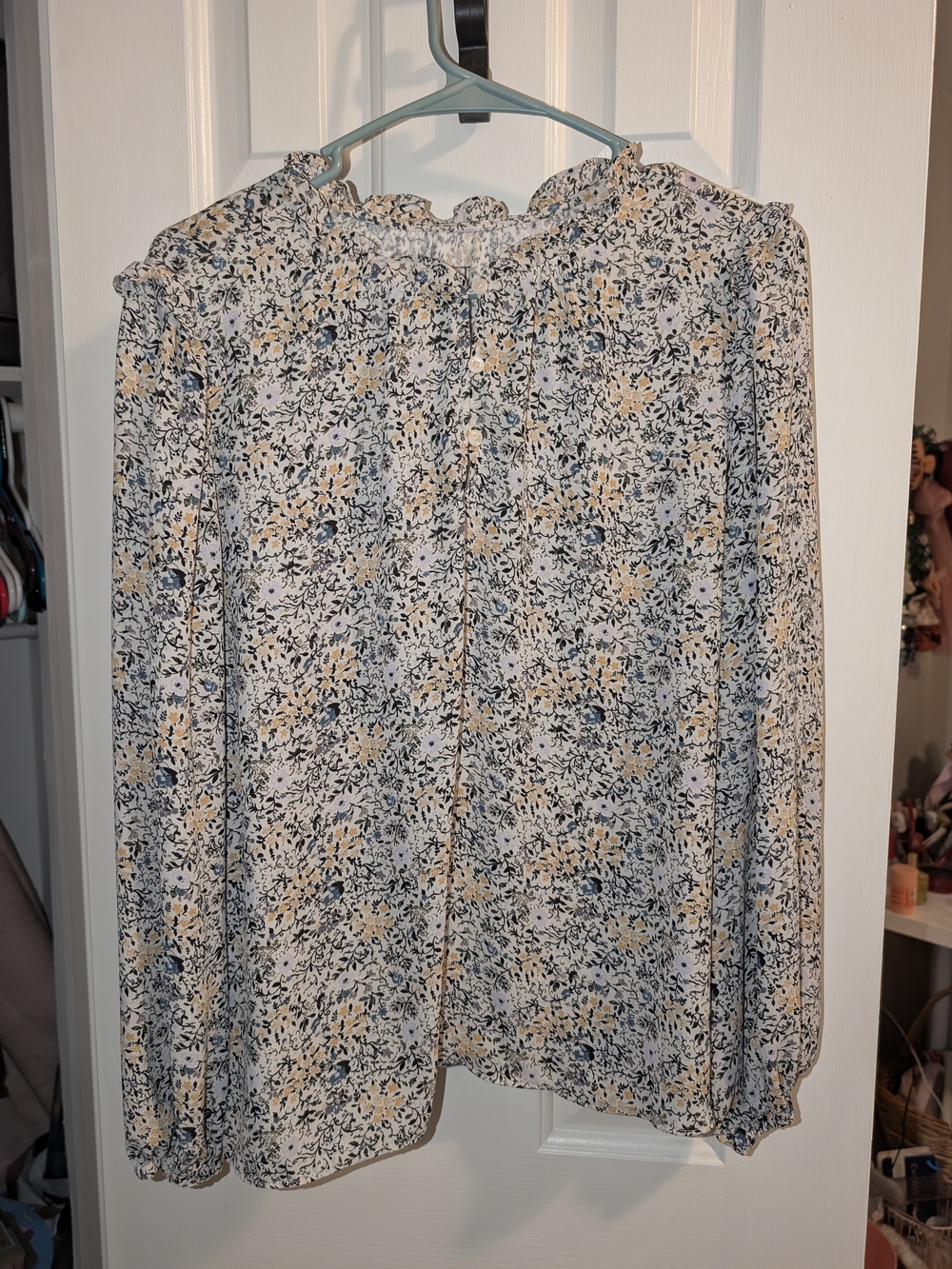 LOFT Cream Floral Long-Sleeve Smocked Neck Blouse